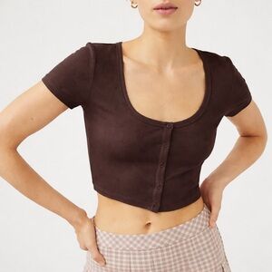Sunday Best Holly Ribbed Button Front Crop Top Dark Brown